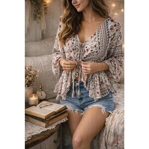 Boho Floral Print Peplum Blouse with Tie Front Daytrip XXL